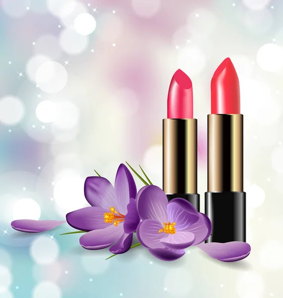 Rote und rosa Lippenstift auf unscharfen Hintergrund mit funkelt. Beauty und Kosmetik Hintergrund. Nutzung für Werbung Flyer, Banner, Flyer. Vorlage-Vektor. — Stockvektor