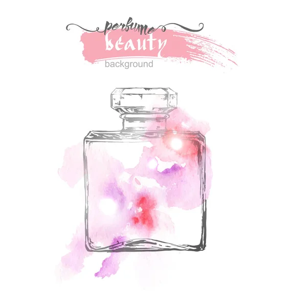 Linda garrafa de perfume, em fundo aquarela. Fundo bonito e de moda. Ilustração vetorial . —  Vetores de Stock