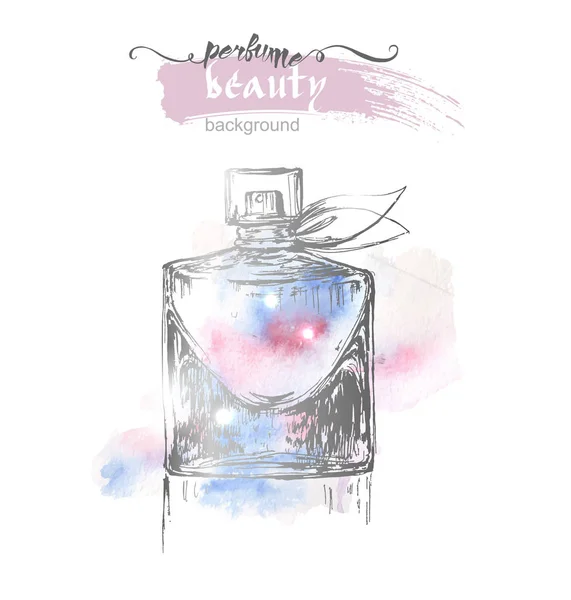 Beautiful perfume bottle, on watercolor background. Beautiful and fashion background. Vector illustration. — Stock Vector