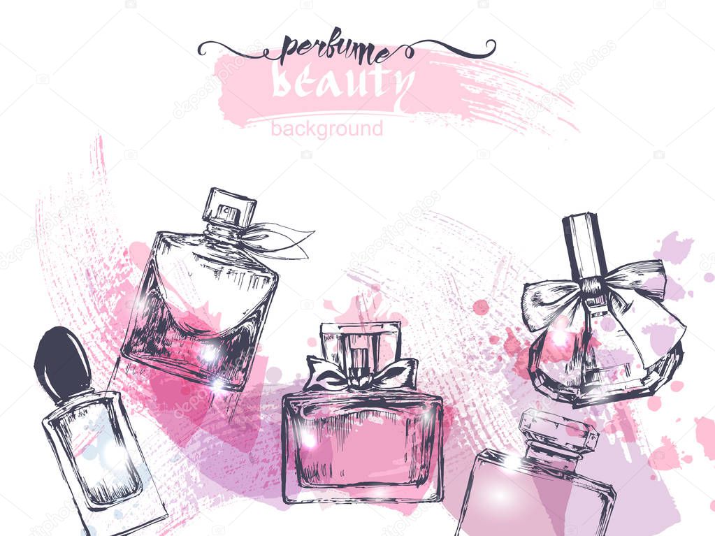 Beautiful perfume bottle, on watercolor background. Beautiful and fashion background. Vector illustration.
