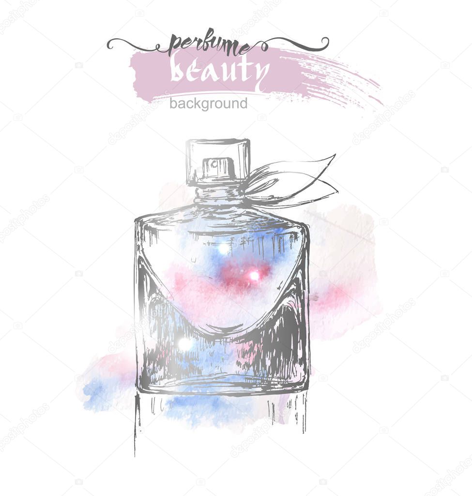 Beautiful perfume bottle, on watercolor background. Beautiful and fashion background. Vector illustration.