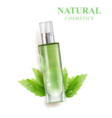 Kozmetik ürün, losyonu, bitkisel yağ, doğal kozmetik. Damla ile güzel şişe ile. Güzellik ve kozmetik arka plan. Reklam el ilanı, afiş, broşür için kullanın. Şablon vektör.