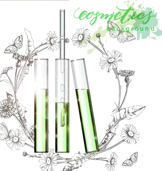 Cosméticos naturais. Perfume. Extrato de flor em vitro.Modelo de anúncios cosméticos, garrafa de gotas de vidro com óleo de essência.Ilustração 3D. Q10 e outros ingredientes no cartaz . — Vetor de Stock