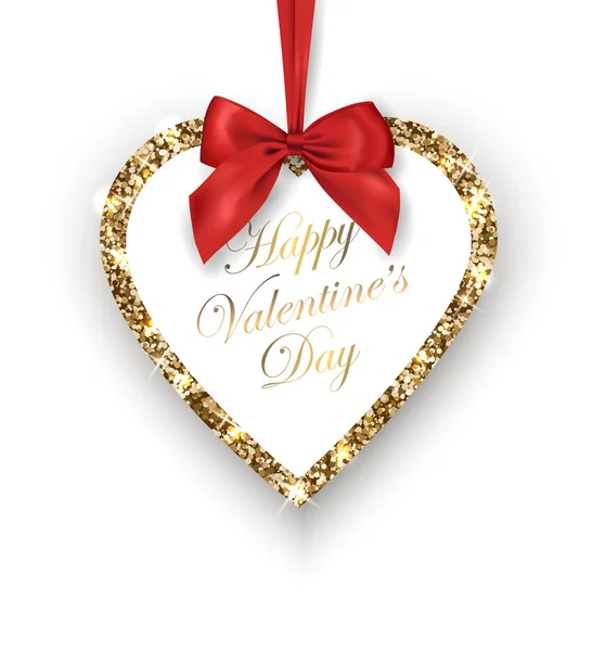 Tarjeta de San Valentín. Brillante corazón de oro con lazo rojo, lugar para el texto un fondo blanco. Plantilla vectorial . — Vector de stock
