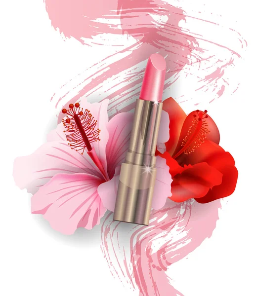 Lipstik merah muda dan bunga tropis merah Hibiscus. Latar belakang kecantikan dan kosmetik. Vektor Templat . - Stok Vektor