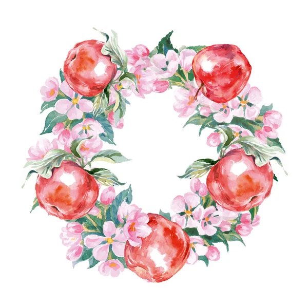 Une couronne de branches de pommiers à fleurs et de pommes rouges.Aquarelle vecteur — Image vectorielle