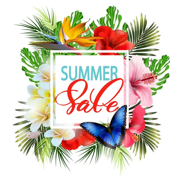 Summer sale Concept. Summer background with tropical flowers, butterflies. Vector. — Stock Vector