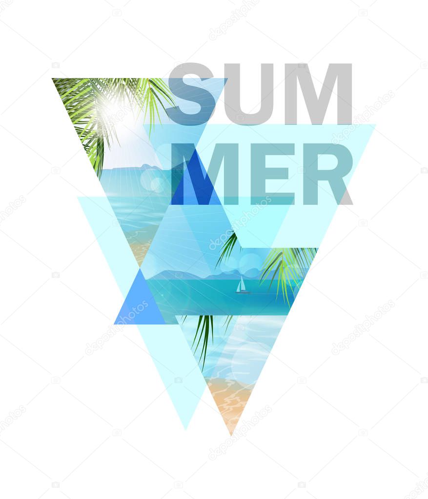 Summer holidays vector illustration. Beach, palm trees beautiful panoramic sea view,Vector.