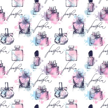 Seamless pattern with beautiful bottles of perfume. Womens perfume. Vector clipart