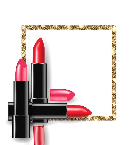 Rote und rosa Lippenstift auf dem Hintergrund der Golden glänzenden Rahmen. Beauty und Kosmetik Hintergrund. Vektor. — Stockvektor