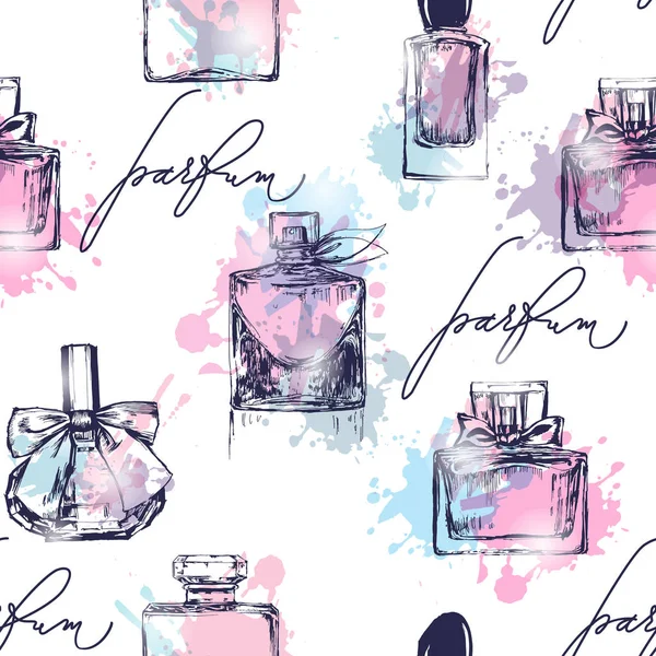 Patrón sin costuras con hermosas botellas de perfume. Perfume de mujer. Vector — Archivo Imágenes Vectoriales