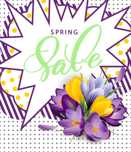 Spring sale concept. Spring background with flowering crocuses.Template vector. — Stock Vector