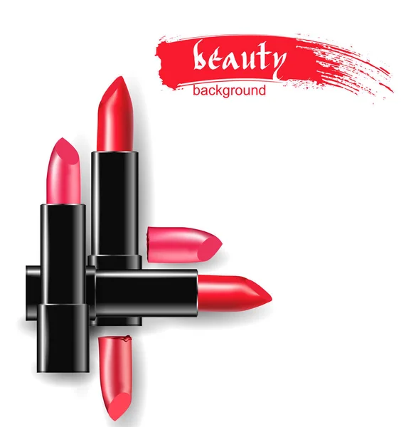 Rode en roze lippenstift. Schoonheid en cosmetica achtergrond. Gebruik voor reclame-flyer, banner, leaflet. Sjabloon Vector. — Stockvector