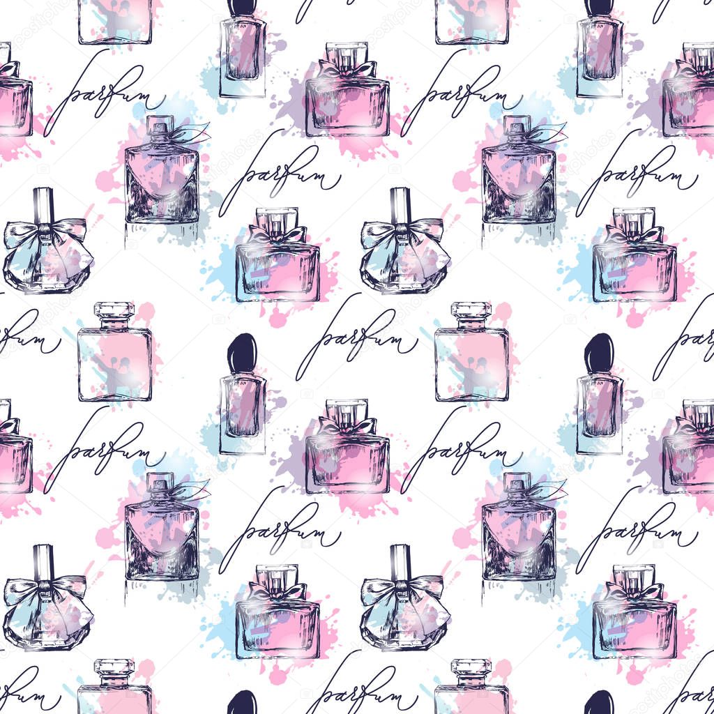 Seamless pattern with beautiful bottles of perfume. Womens perfume. Vector