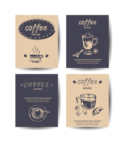 Café vector cartel conjunto. Ilustraciones en estilo sketch. Colección de tarjetas. Elementos de diseño dibujado a mano . — Vector de stock