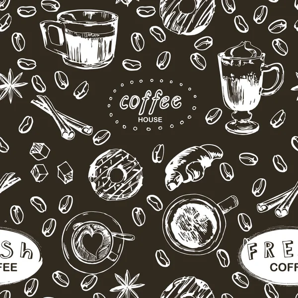 Seamless doodle coffee pattern, hand drawn. Vector illustration — Stock Vector
