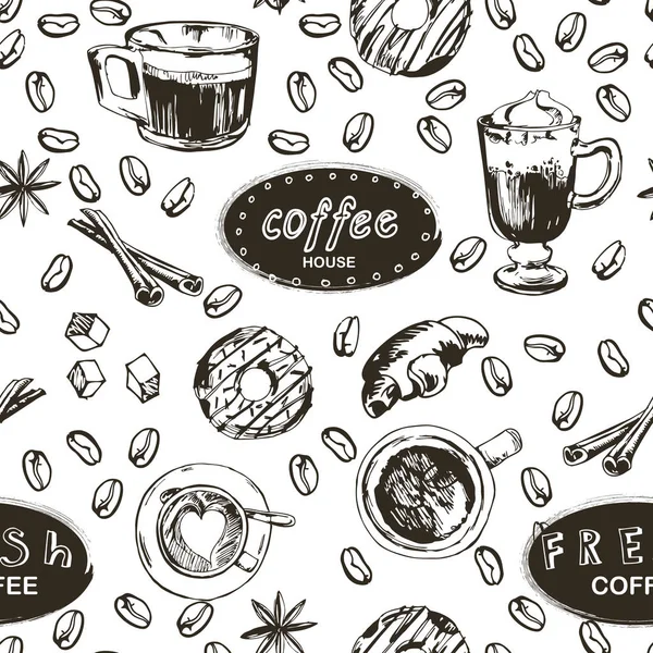 Nahtloses Doodle-Kaffee-Muster, von Hand gezeichnet. Vektorillustration — Stockvektor