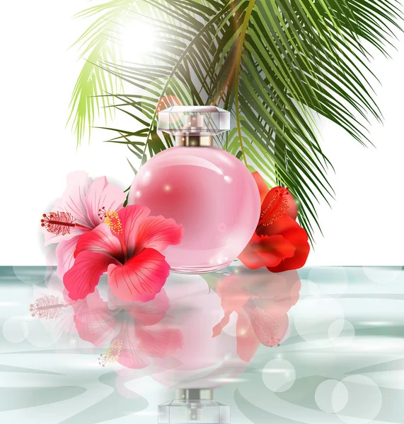 Hermosa botella de perfume rosa sobre un fondo de agua, flores de hibisco y hojas de palma. Fondo de verano.Vector — Archivo Imágenes Vectoriales