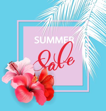 Summer sale Concept. Summer background with tropical flowers,. Vector. clipart