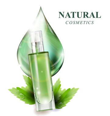 Beautiful perfume bottle with a cosmetic product, lotion, essence of green drops and green leaves. The concept of natural cosmetics. Vector clipart