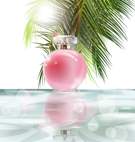 Güzel pembe parfüm şişe su ve palmiye ağaçları yaprakları bir arka plan üzerinde. Yaz arka plan. Vektör — Stok Vektör