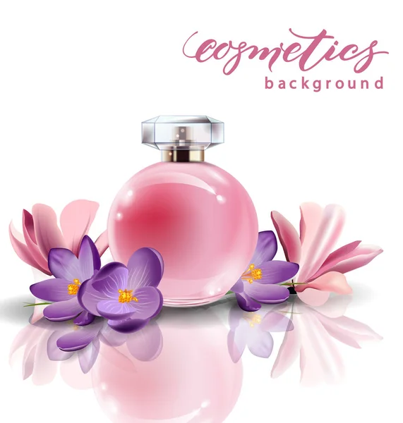 Perfume feminino garrafa rosa com flores de primavera crocos. Vetor — Vetor de Stock