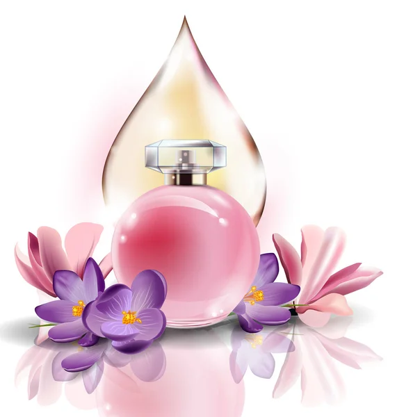 Frasco rosa perfume de mujer con flores de primavera azafranes y con una gota de color rosa. Vector — Vector de stock