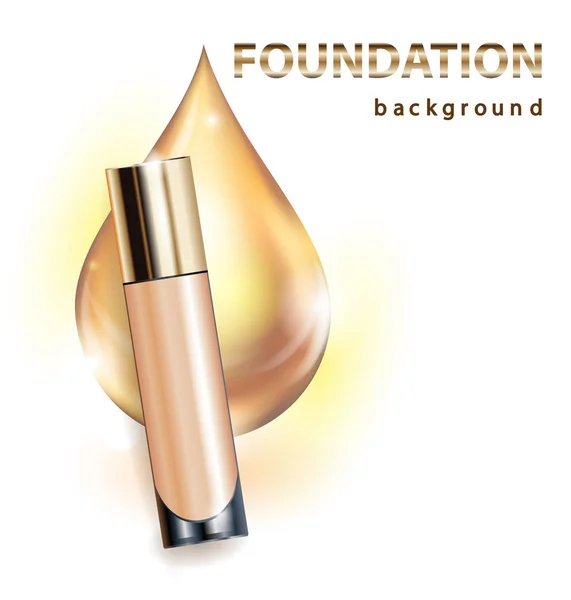Kosmetisk produkt, Foundation, concealer, grädde. Vacker flaska med en droppe av gyllene. Skönhet och kosmetika bakgrund. Användning för reklam reklamblad, banner, bipacksedel. Mall vektor. — Stock vektor