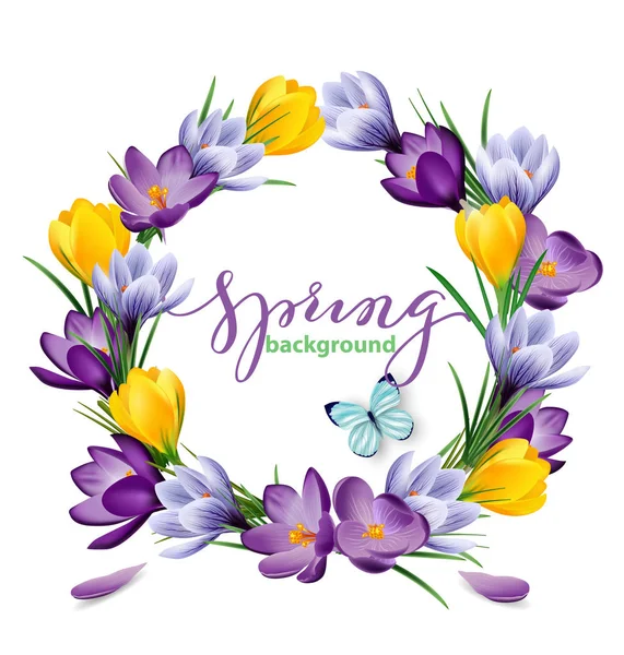 Spring background with a wreath of blooming spring flowers, crocuses. Vector — Stock Vector