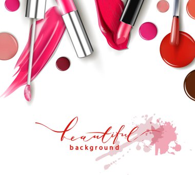 Cosmetics and fashion background with make up artist objects: lipstick, ip gloss, nail Polish. With place for your text .Template Vector. clipart