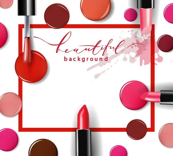 Kosmetik und Mode Hintergrund mit Make-up-Künstler Objekte: Lippenstift, IP-Glanz, Nagellack. mit Platz für Ihren Text-Template-Vektor. — Stockvektor