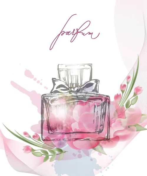 Frasco de perfume bonito com flores rosa bonitas florescendo. Modelo Vector . — Vetor de Stock