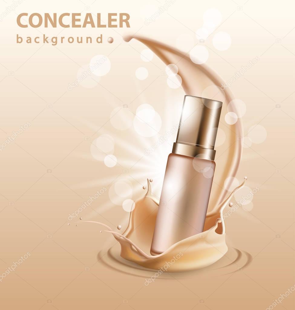 Corrector,Foundation ads template, 3D illustration of the product with a liquid base spray texture in the air. Vector template