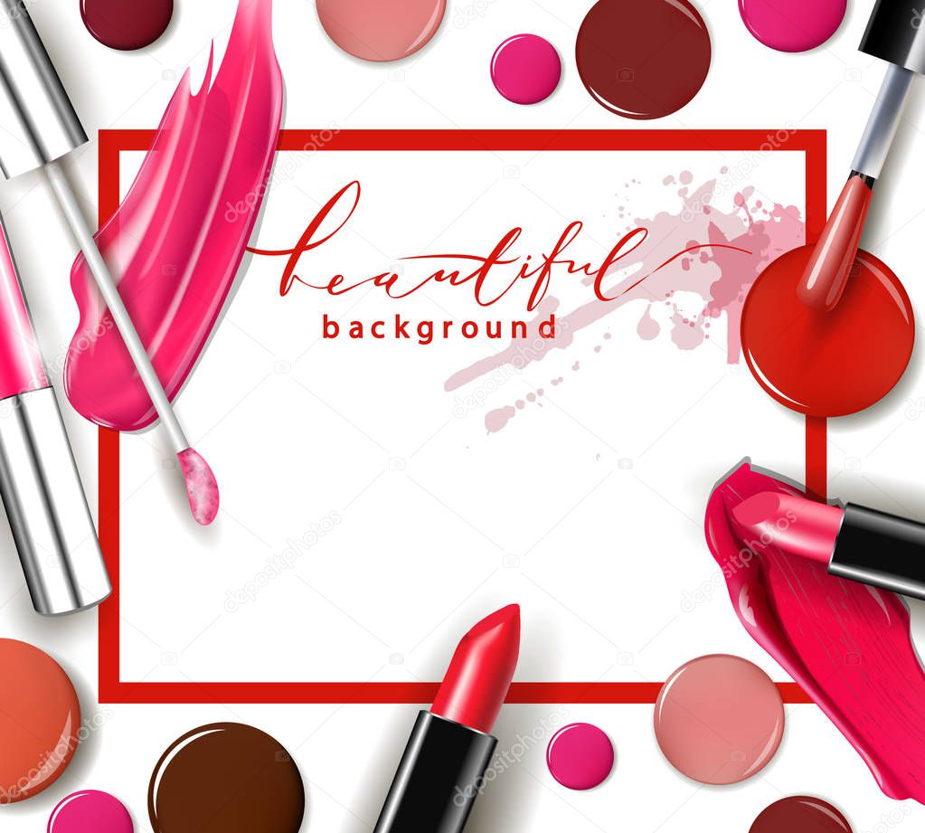 Cosmetics and fashion background with make up artist objects: lipstick, ip gloss, nail Polish. With place for your text .Template Vector.