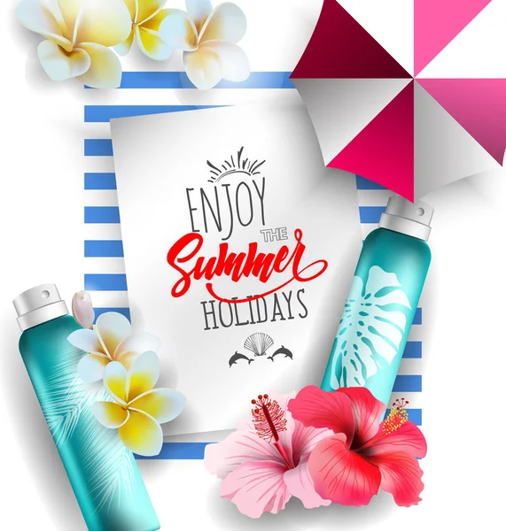 Cosmetics sunscreen products with tropical flowers.Summer recreation attributes. Skin care cosmetic products that contain protection from the sun.Vector template — Stock Vector