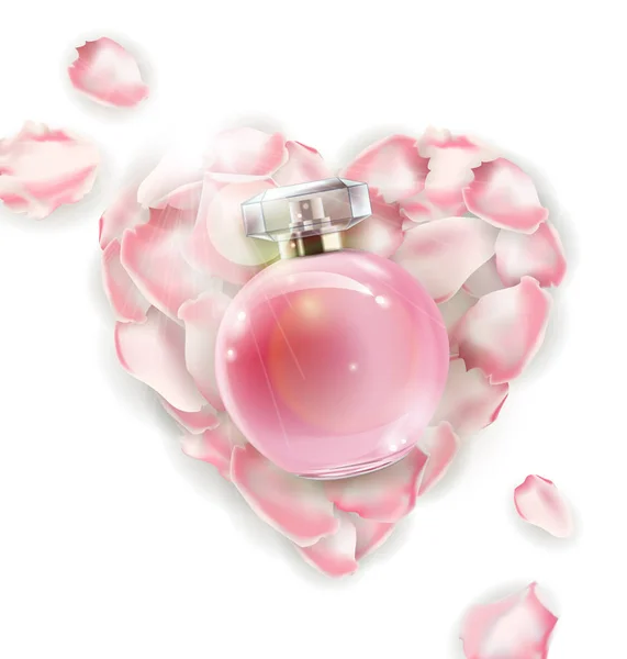 Flacons de parfum et rose des fleurs, pétales et perles. Illustration 3D. Vecteur — Image vectorielle