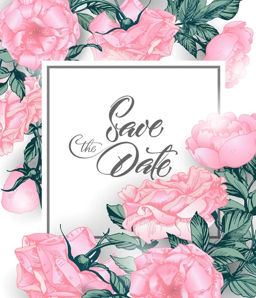 Vintage slaan de datum met rozen. bruiloft uitnodiging ontwerp. De hand getekende illustratie. Vector — Stockvector