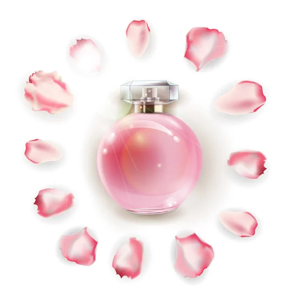 Frascos de perfume y rosa flor, pétalos y perlas. Ilustración 3D. Vector — Vector de stock