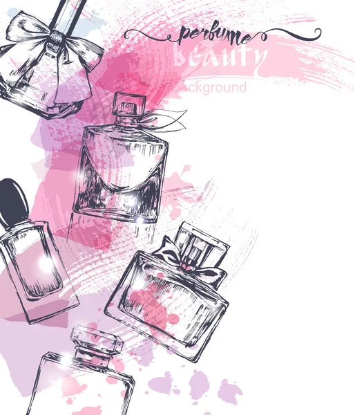 Linda garrafa de perfume, em fundo aquarela. Fundo bonito e de moda. Vetor — Vetor de Stock