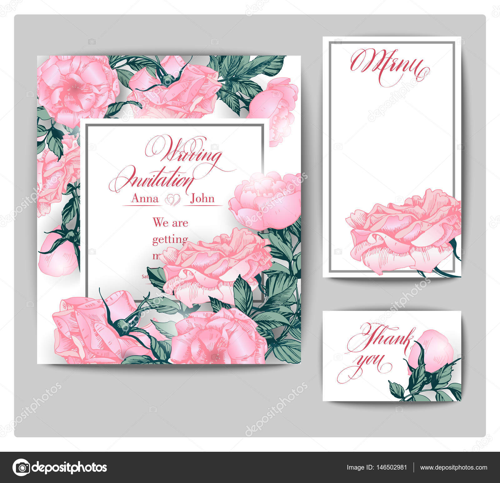 Set Of Wedding Invitations With Pink Roses Hand Drawn Illustration Vector Stock Vector C Galina72
