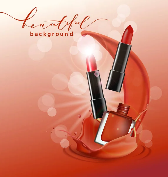 Lápiz labial rojo y esmalte de uñas rojo. Ilustración 3d. Lápiz labial rojo y esmalte de uñas rojo con textura de base líquida salpica en el aire. Ilustración vectorial — Vector de stock