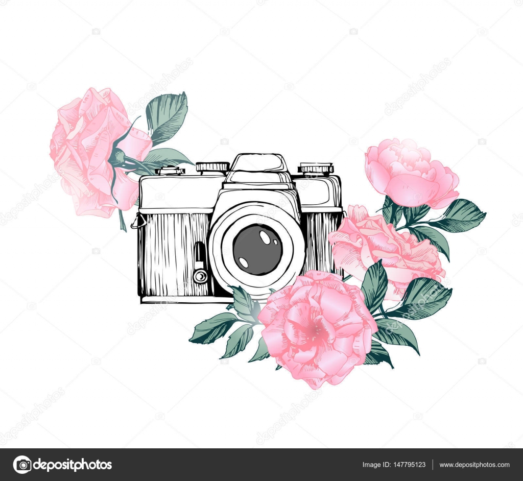 Vintage retro photo camera in flowers, leaves, branches on white  background. Hand drawn Vector Stock Vector by ©Galina72 147795123, image size:1024x942
