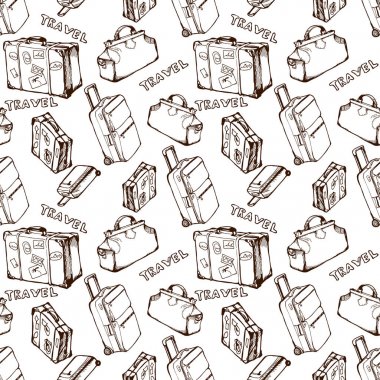 Seyahat çanta ve bavul ile sorunsuz arka plan seyahat. Elle çizilmiş yaz tatil desen. Vektör