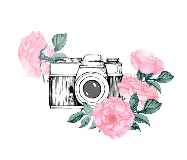 Vintage cámara fotográfica retro en flores, hojas, ramas sobre fondo blanco. Vector dibujado a mano — Vector de stock