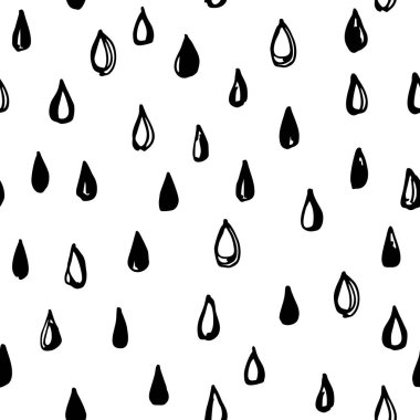 Siyah ve beyaz elle çizilmiş yağmur damlaları ile seamless modeli. Vektör