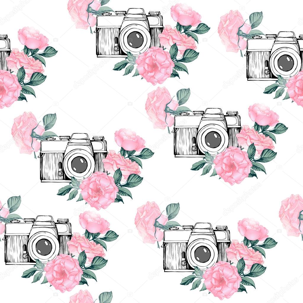 Photo pattern with white background. Hand drawn seamless texture with Vintage retro photo camera in flowers, leaves, branches on white background. Hand drawn Vector