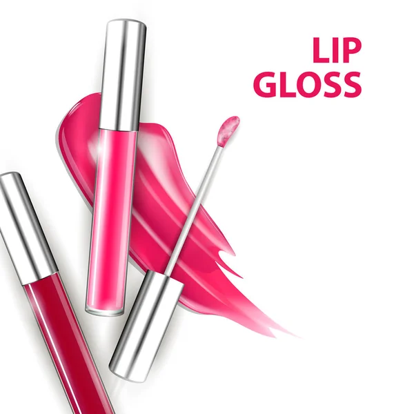 Brillo labial de tubo rosa y rojo con cepillo aislado sobre fondo blanco. Plantilla vector — Vector de stock