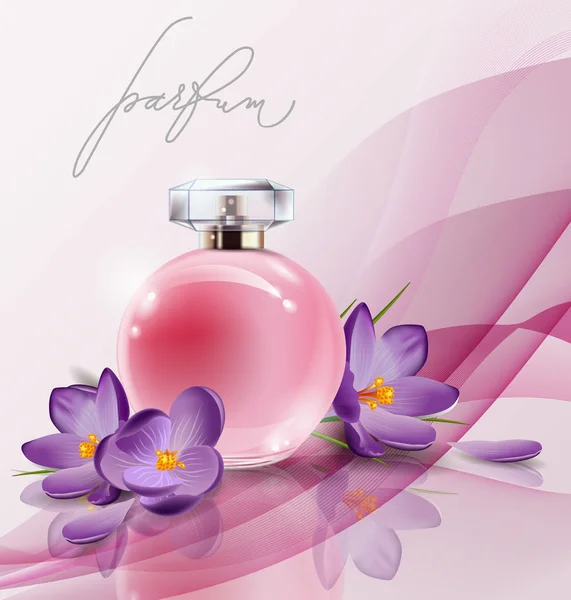 Perfume feminino garrafa rosa com flores de primavera crocos. Vetor — Vetor de Stock