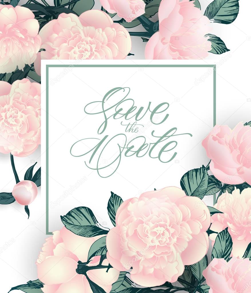 Vintage Save the date with peonies. wedding invitation design. Hand drawn illustration. Vector