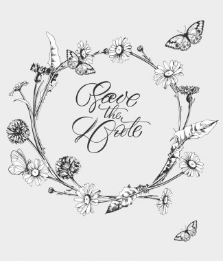 Vintage bir çelenk papatyalar ve Peygamber ile Tarih kaydedin. düğün davetiyesi tasarımı. Vektör